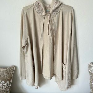 LOGO lounge cardigan sweater XL with lace hood and waffle sleeves.